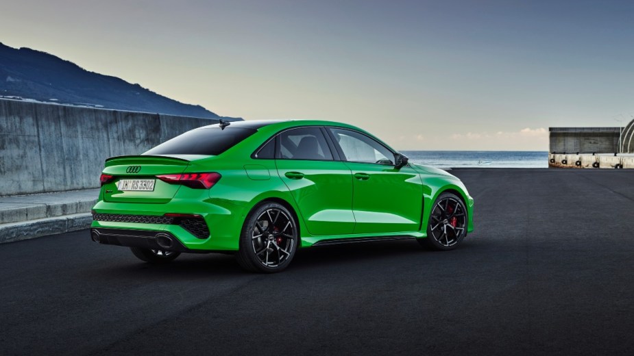 the new 2022 audi rs3 parked showing off the reserved syling