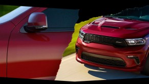 A split screen of the 2022 Dodge Durango SRT 392 in red.