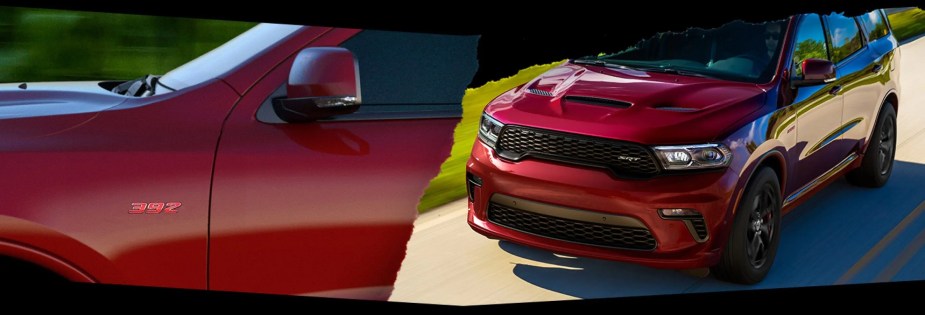 A split screen of the 2022 Dodge Durango SRT 392 in red.