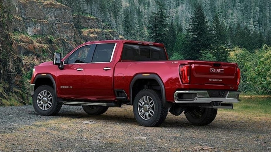 A Red 2022 GMC Sierra HD out on the trails