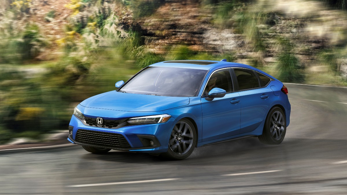 a blue 2022 honda civic hatchback, choose this car for a standard selection of driver assistance technology