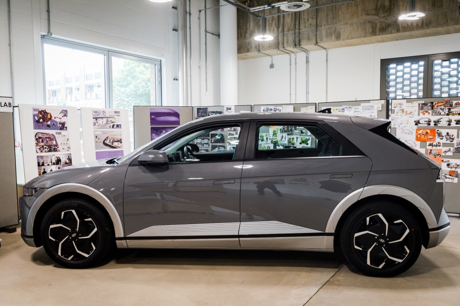 A grey Hyundai Ioniq 5 parked indoors.