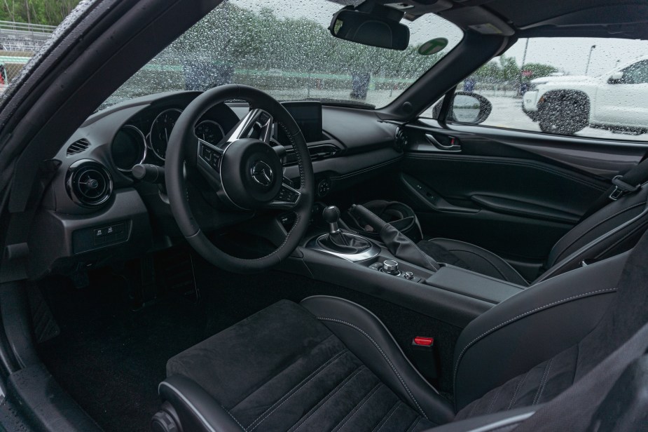 The black cloth interior of a 2022 Mazda MX-5 Miata RF Club