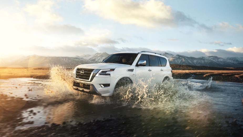A white 2022 Nissan Armada Platinum full-size SUV, there are 3 reasons you'll love the luxurious full-size SUV