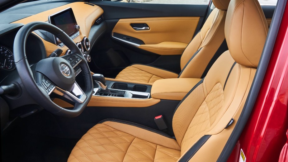 the soft quilted leather seating that is available in a new 2022 nissan sentra