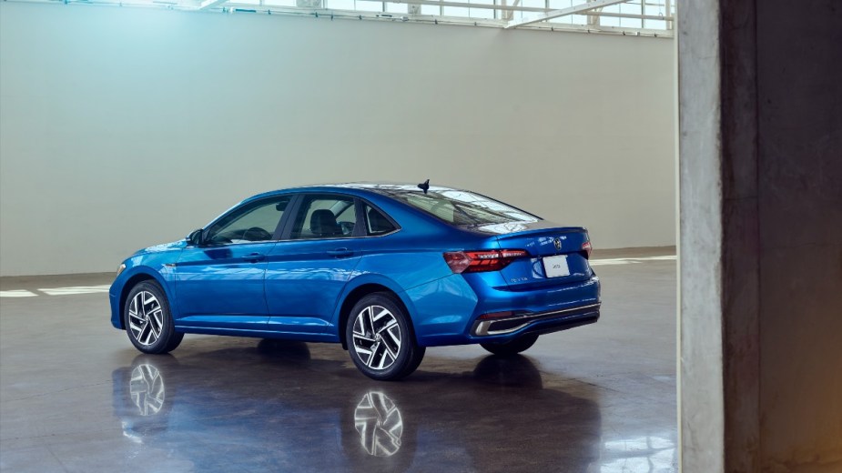 a blue 2022 volkswagen jetta parked showing off the revised styling