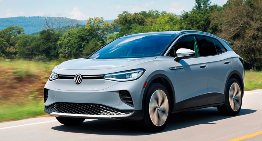 A 2022 Volkswagen ID.4 electric SUV is driving.