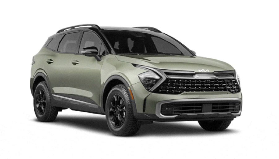 A moss green 2023 Kia Sportage against a white background.