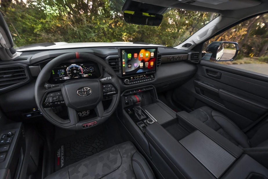 Promo photo of the interior of the TRD Pro trim of the 2023 Toyota Sequoia SUV.