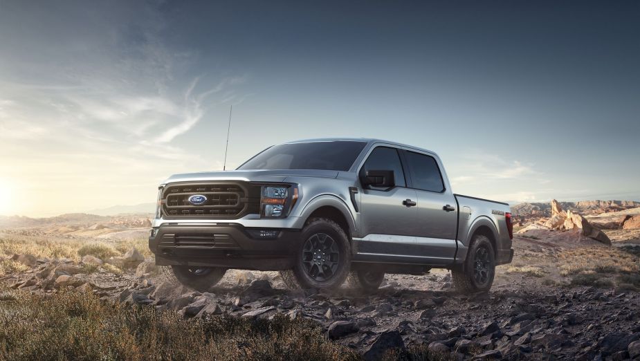 The 2023 Ford F-150 Rattler parked in dirt. Only 1 Ford pickup truck starts under $25,000.