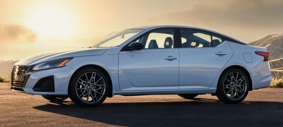 White pre-production 2023 Nissan Altima midsize sedan