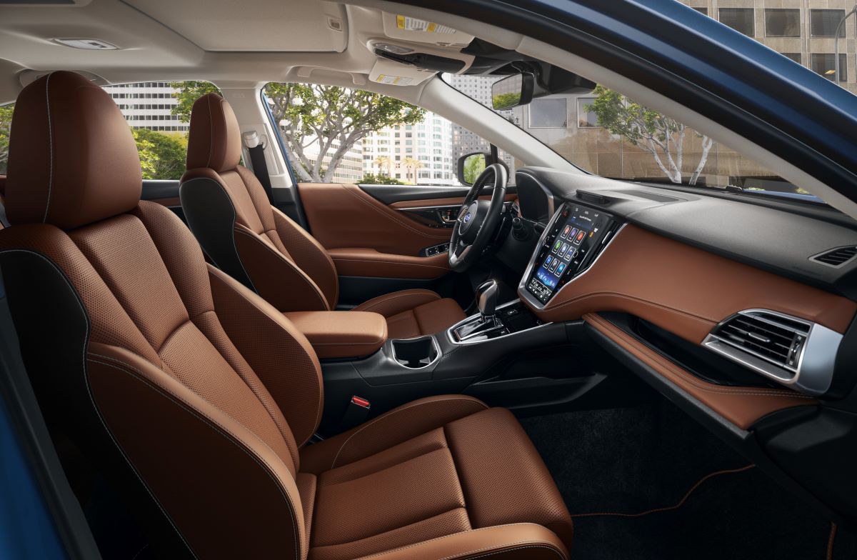 Brown leather interior of a 2023 Subaru Legacy mid trim level sedan