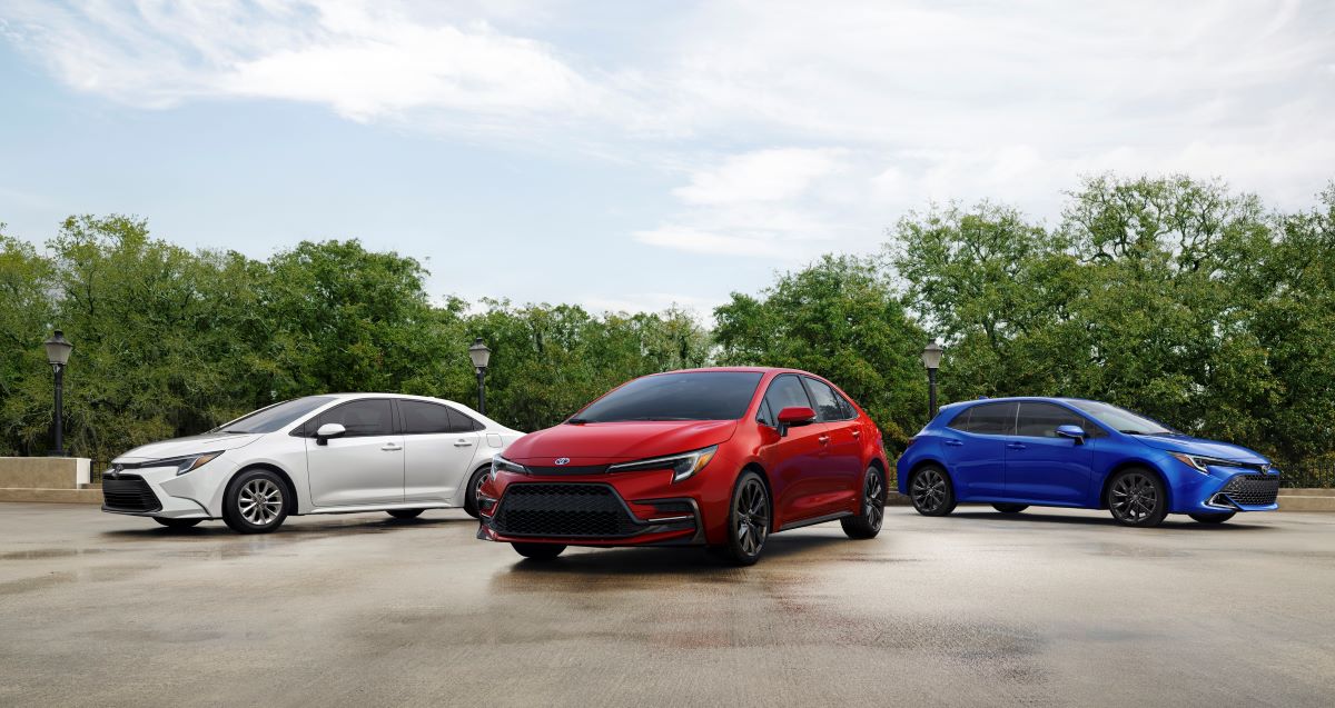 Three versions of the new 2023 Toyota Corolla: the Corolla sedan, the Corolla Hybrid AWD sedan, and the Corolla Hatchback