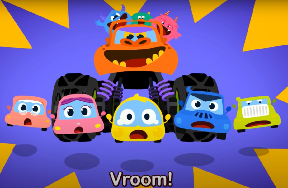 A monster truck surprises the baby car family in "Baby Car" song, an automotive version of "Baby Shark"