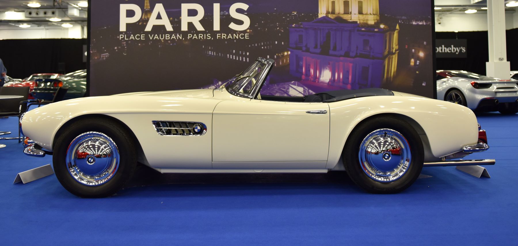 A BMW 507 Roadster convertible model on display during an RM Sotheby's car collectors event at the Olympia London