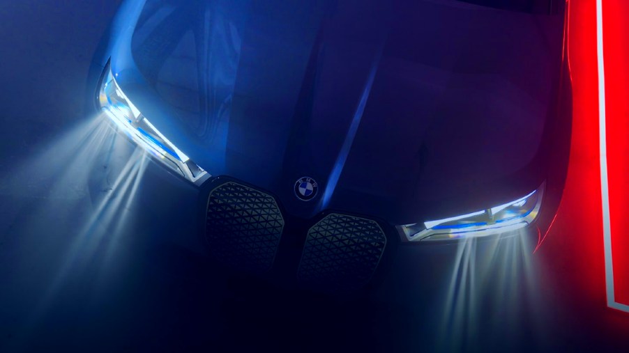 The front of a blue 2022 BMW IX electric SUV.