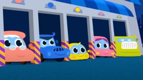 Baby car family parked in a garage in "Baby Car" song, an automotive version of "Baby Shark"