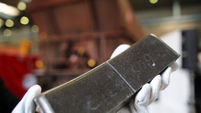 Brake pads that sit against rotors.