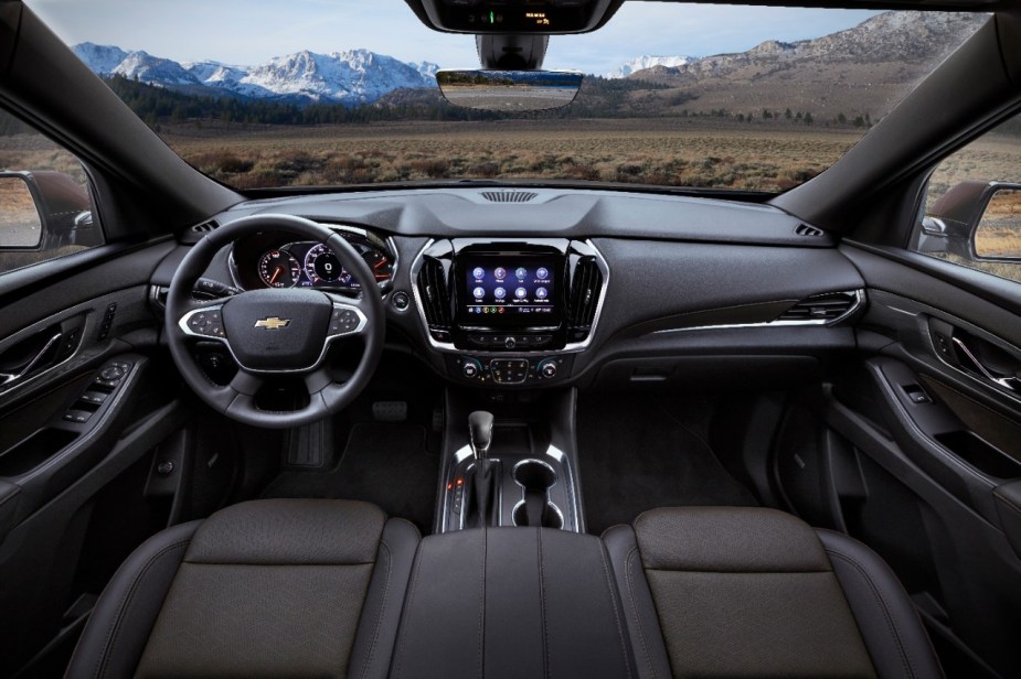 Dashboard and front seats in 2023 Chevy Traverse, highlighting its release date and price