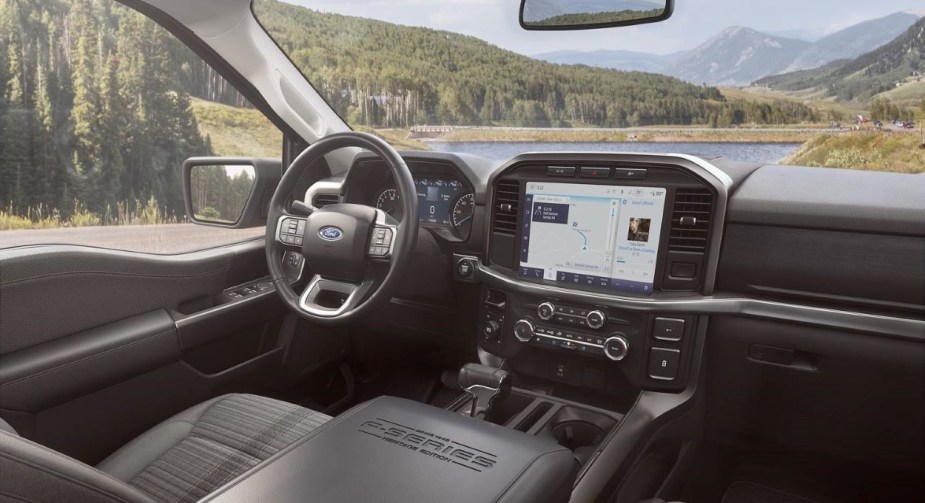 Dashboard and front seats in 2023 Ford F-150, highlighting its release date and price