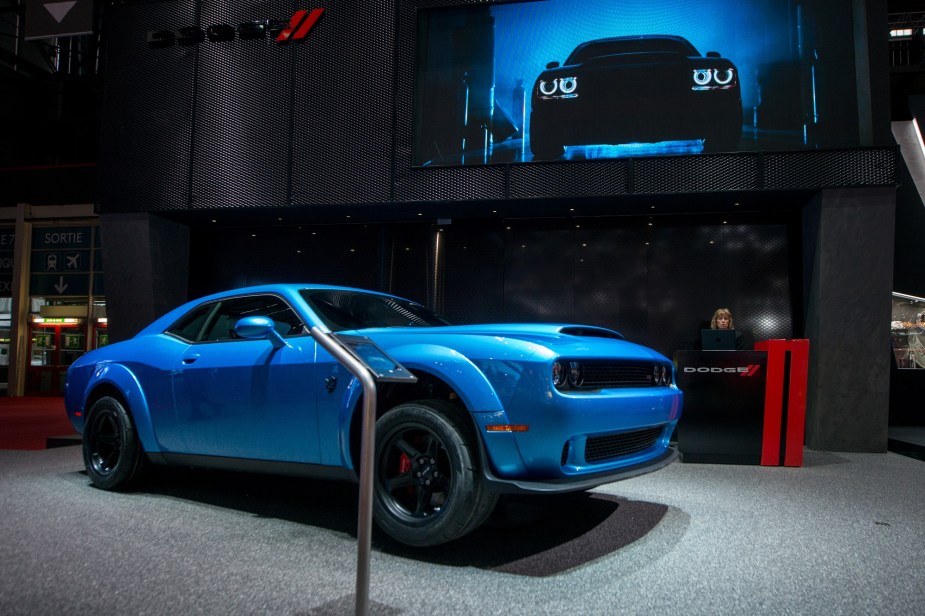 The Dodge SRT Demon, pictured here in blue, has an optional $1 set of passenger seats