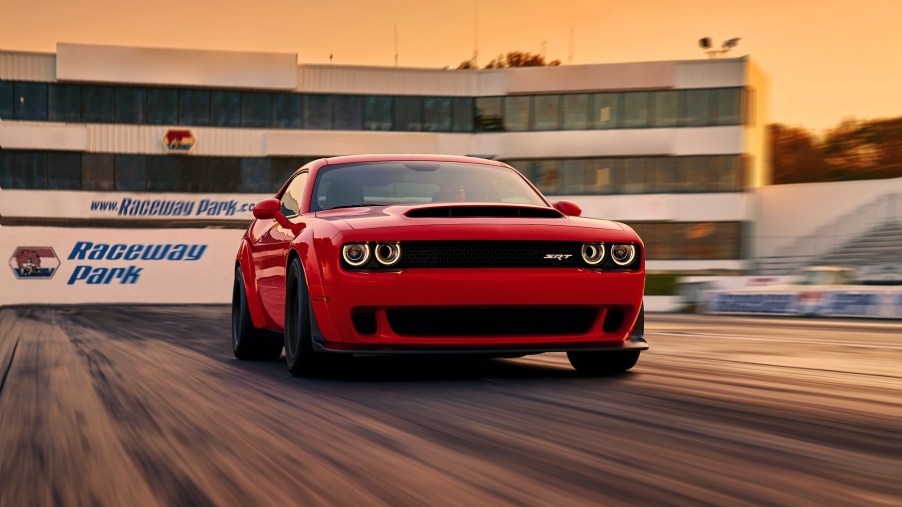 The Dodge Demon, here at a drag strip, is faster in many ways than the Hellcat.