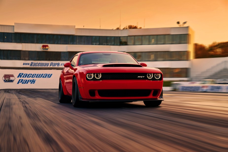 The Dodge Demon, here at a drag strip, is faster in many ways than the Hellcat.