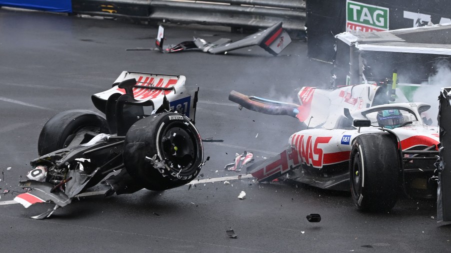 A Haas car breaking in half at the Monaco Grand Prix