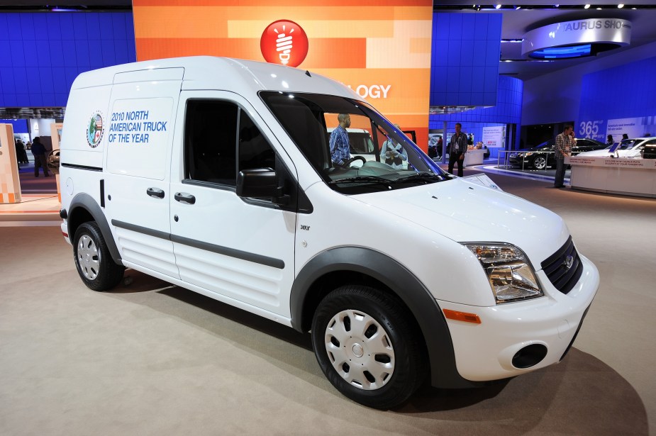 The first generation Ford Transit Connect Cargo Van in white at NAIAS 2010