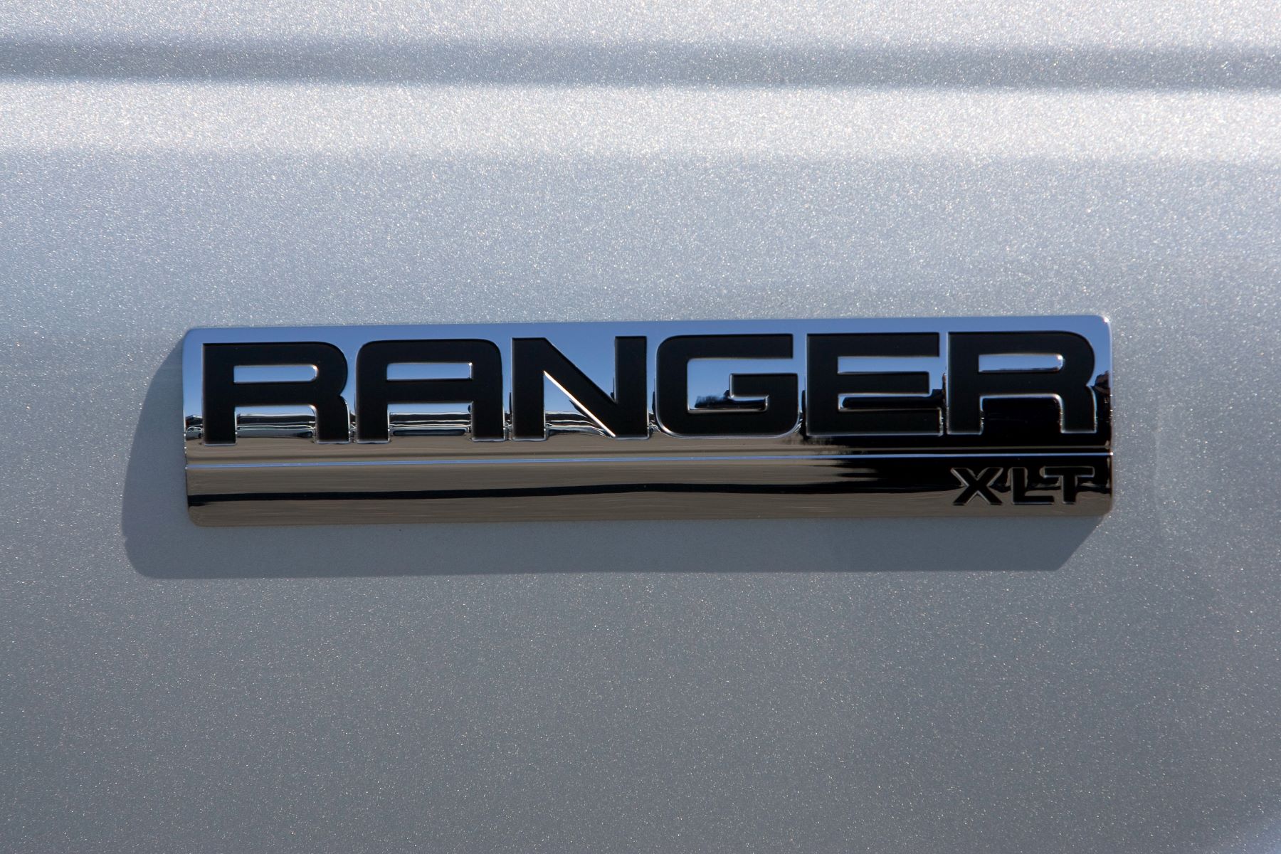 The badging on a Ford Ranger XLT model at the Serramonte Ford dealership in Colma, California