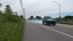 A Ford Ranger smokes it's tires after slamming into reverse at 50 mph