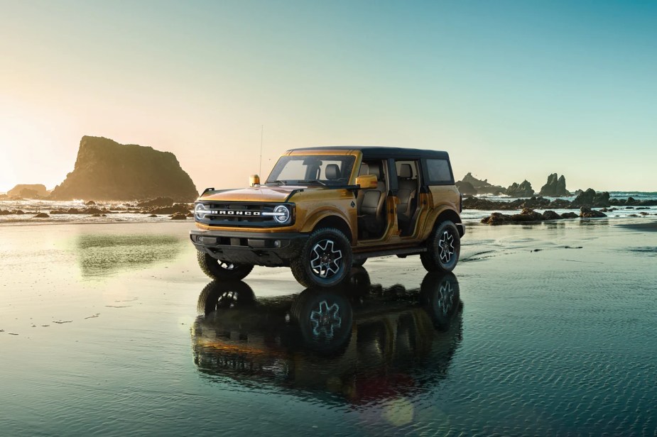 A 2022 Ford Bronco sits with all four of its doors off.