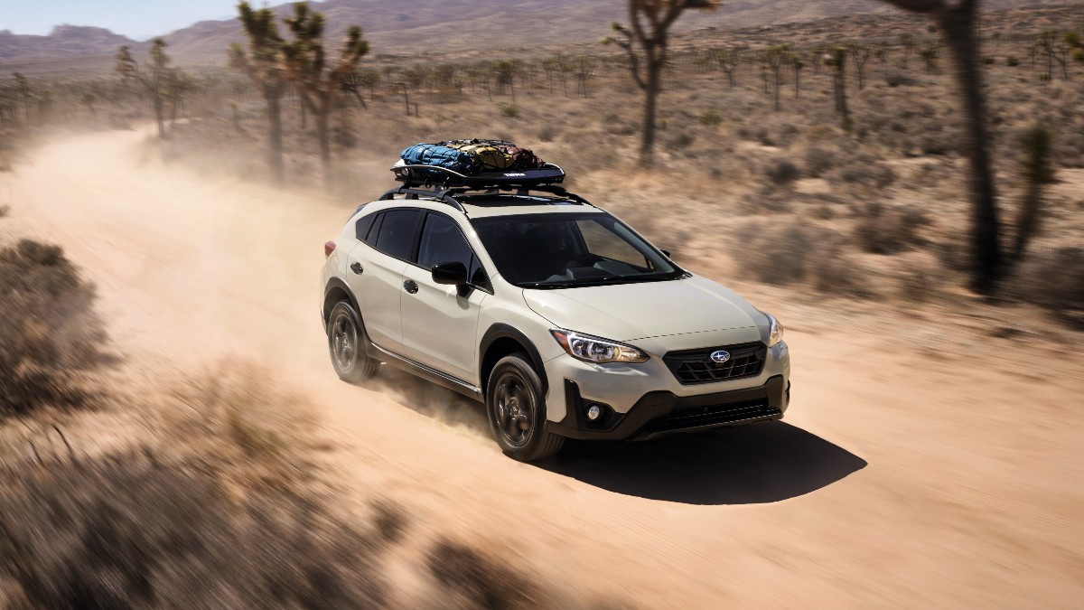 Front angle view of Desert Khaki 2023 Subaru Crosstrek Special Edition, highlighting its release date and price