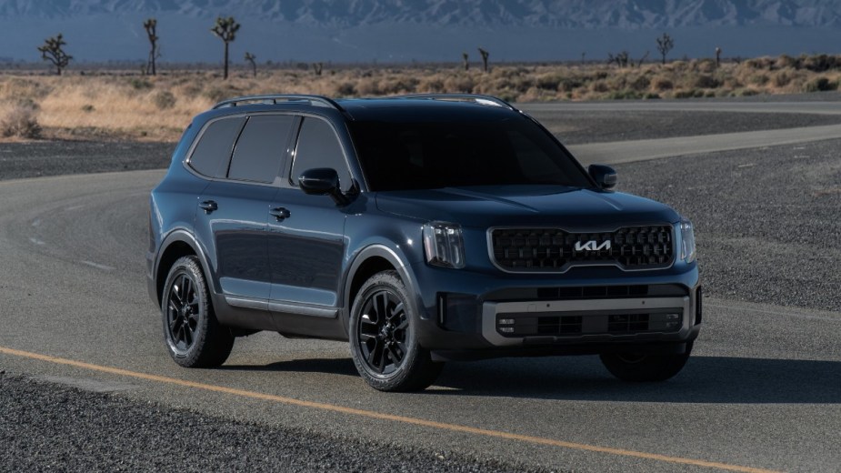 Front angle view of blue 2023 Kia Telluride