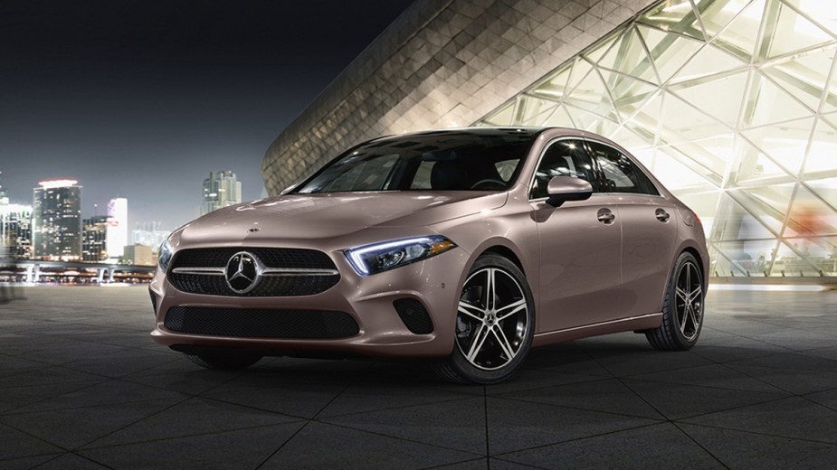 Front angle view of light brown 2022 Mercedes-Benz A-Class, which Mercedes-Benz killed/discontinued