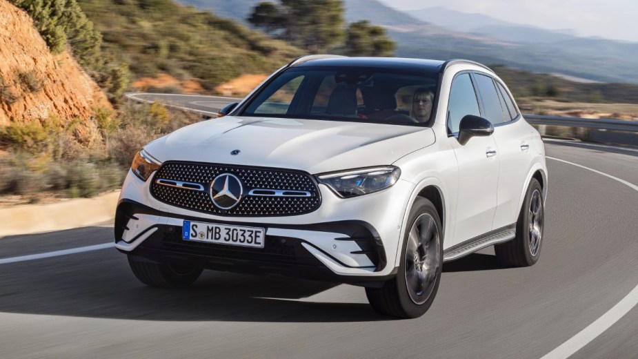 Front angle view of white 2023 Mercedes-Benz GLC-Class, highlighting its release date and price