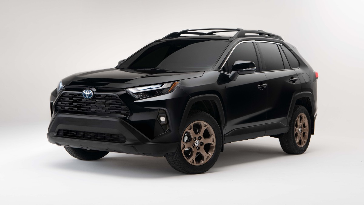 Front angle view of black 2023 Toyota RAV4, highlighting its release date and price
