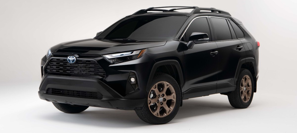 Front angle view of black 2023 Toyota RAV4, highlighting its release date and price
