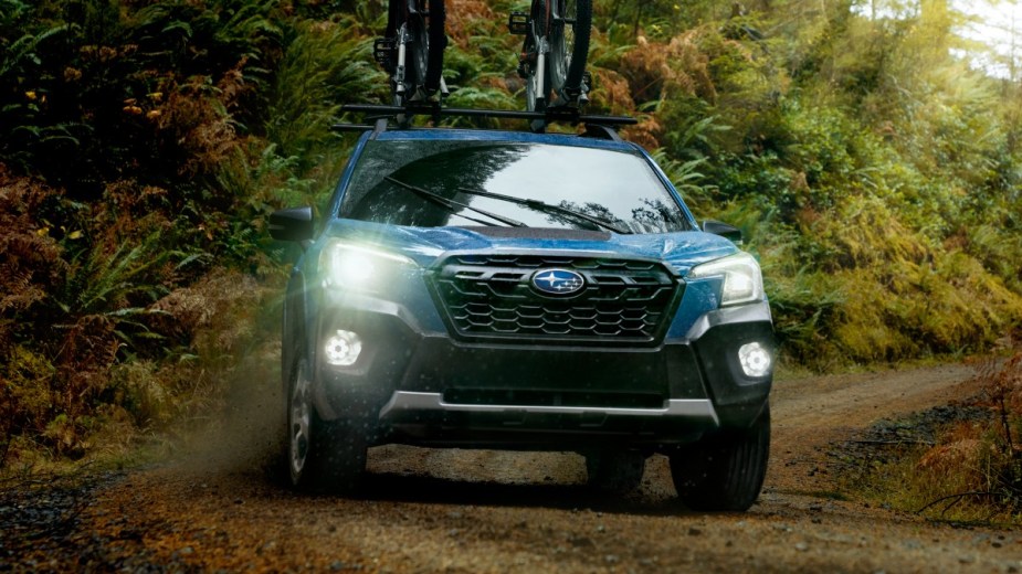 Front view of blue 2022 Subaru Forester