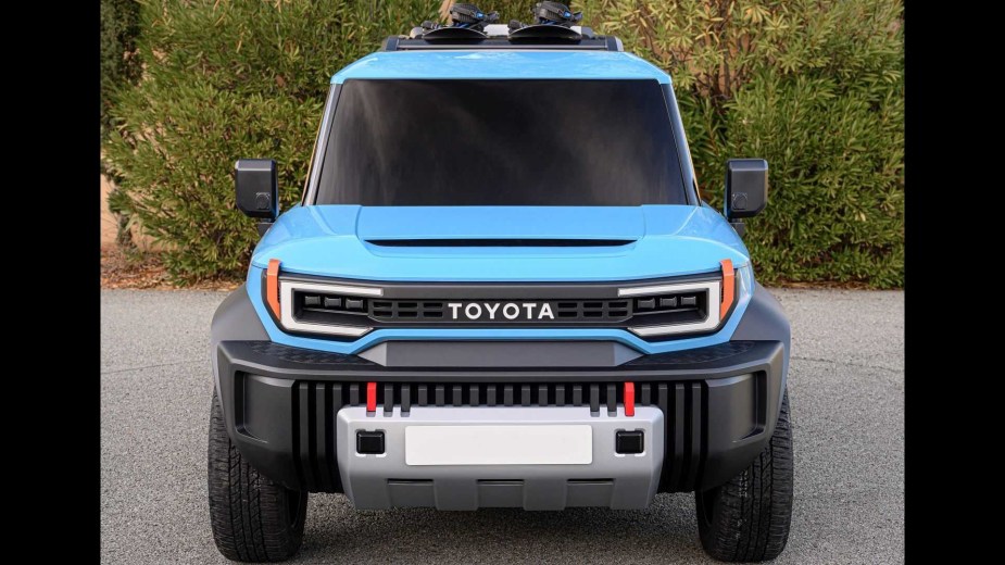 Front view of blue 2024 Toyota LiteCruiser EV, aka Compact Cruiser EV, highlighting its release date and price