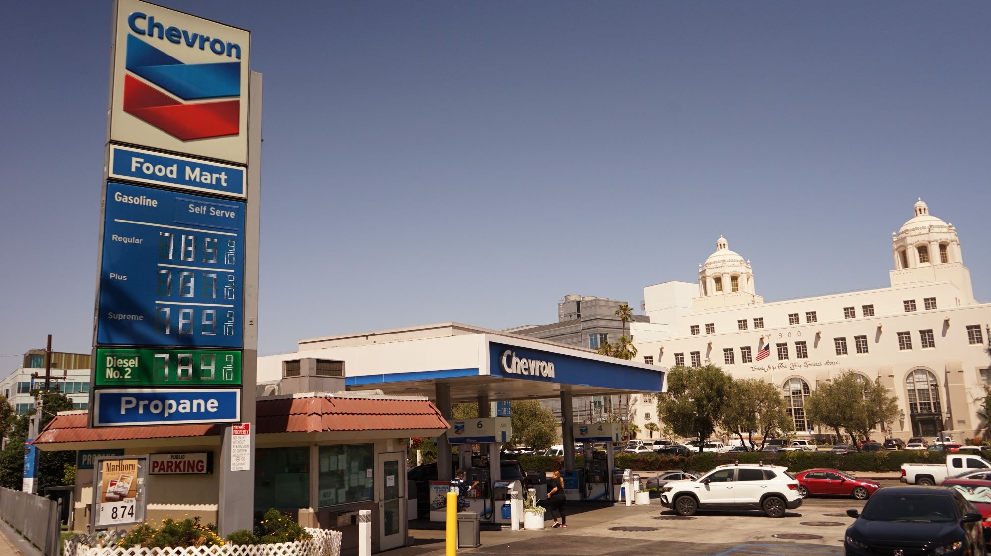 Gas prices over $7 at a Chevron gas station in California.