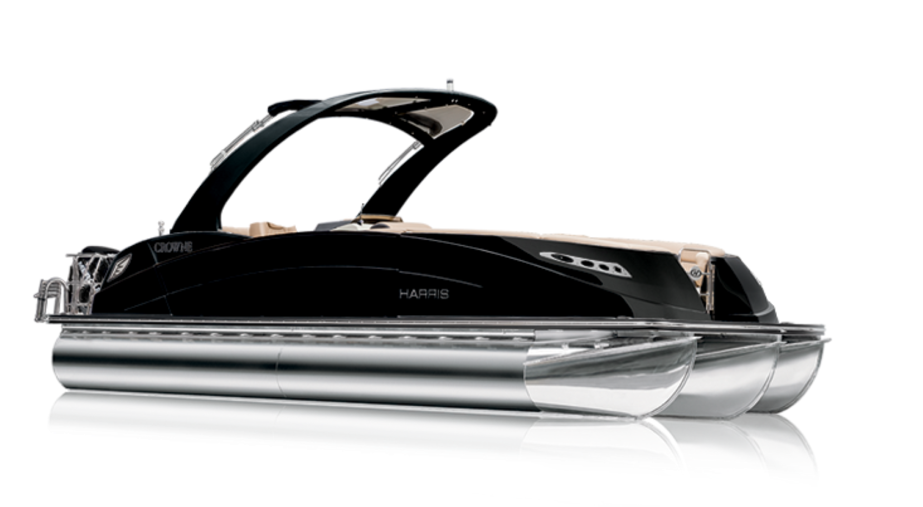 A black Harris Crowne SL270 pontoon boat catalog photo