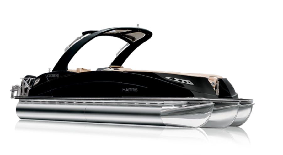 A black Harris Crowne SL270 pontoon boat catalog photo
