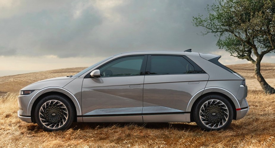 A gray 2022 Hyundai Ioniq 5 electric SUV is parked outdoors. 