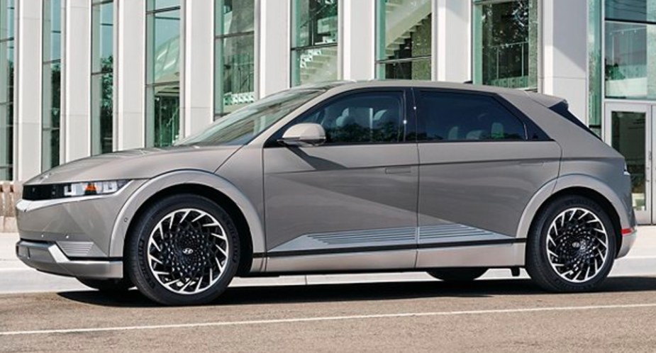 A gray 2022 Hyundai Ioniq 5 electric SUV is parked. 