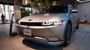 A light blue Hyundai Ioniq 5 sitting indoors.