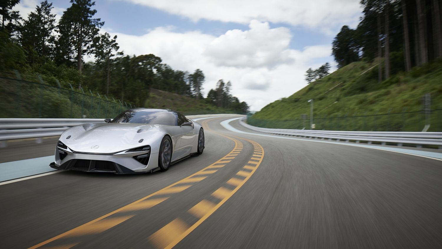 2025 Lexus Battery Electric supercar on racetrack taking corner