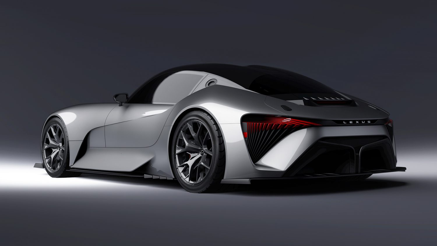 Rear view of 2025 Lexus electric supercar rendering showing shapely tail lights
