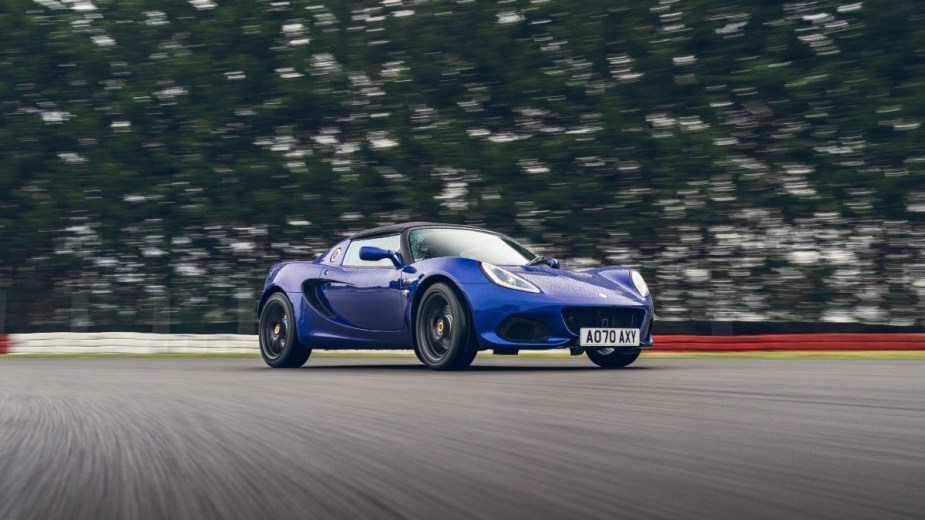 a blue lotus elise sport 240 final edition showing off its track handling and performance