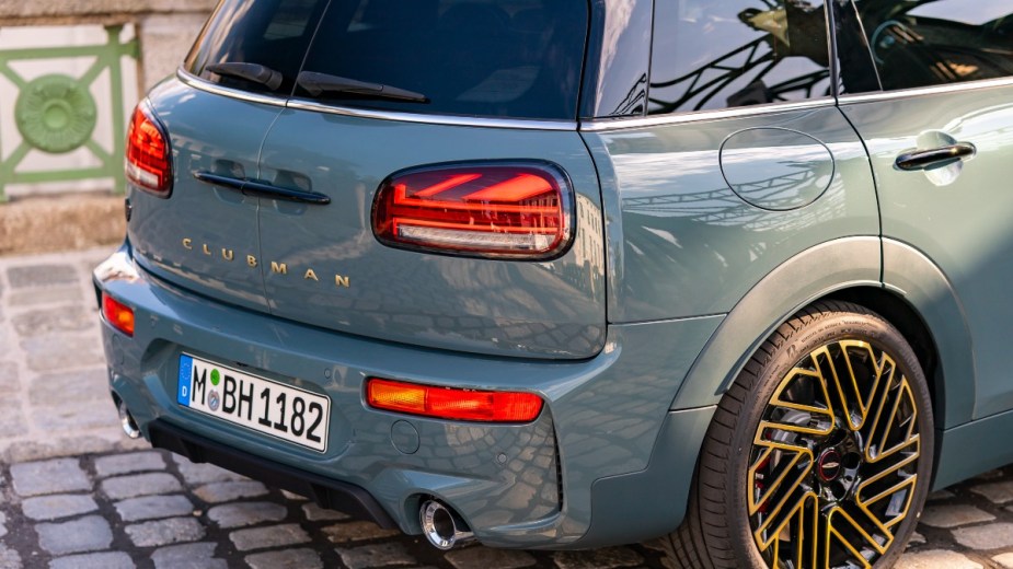 The rear end of a mini clubman John Cooper Works exhuast sports exhuast